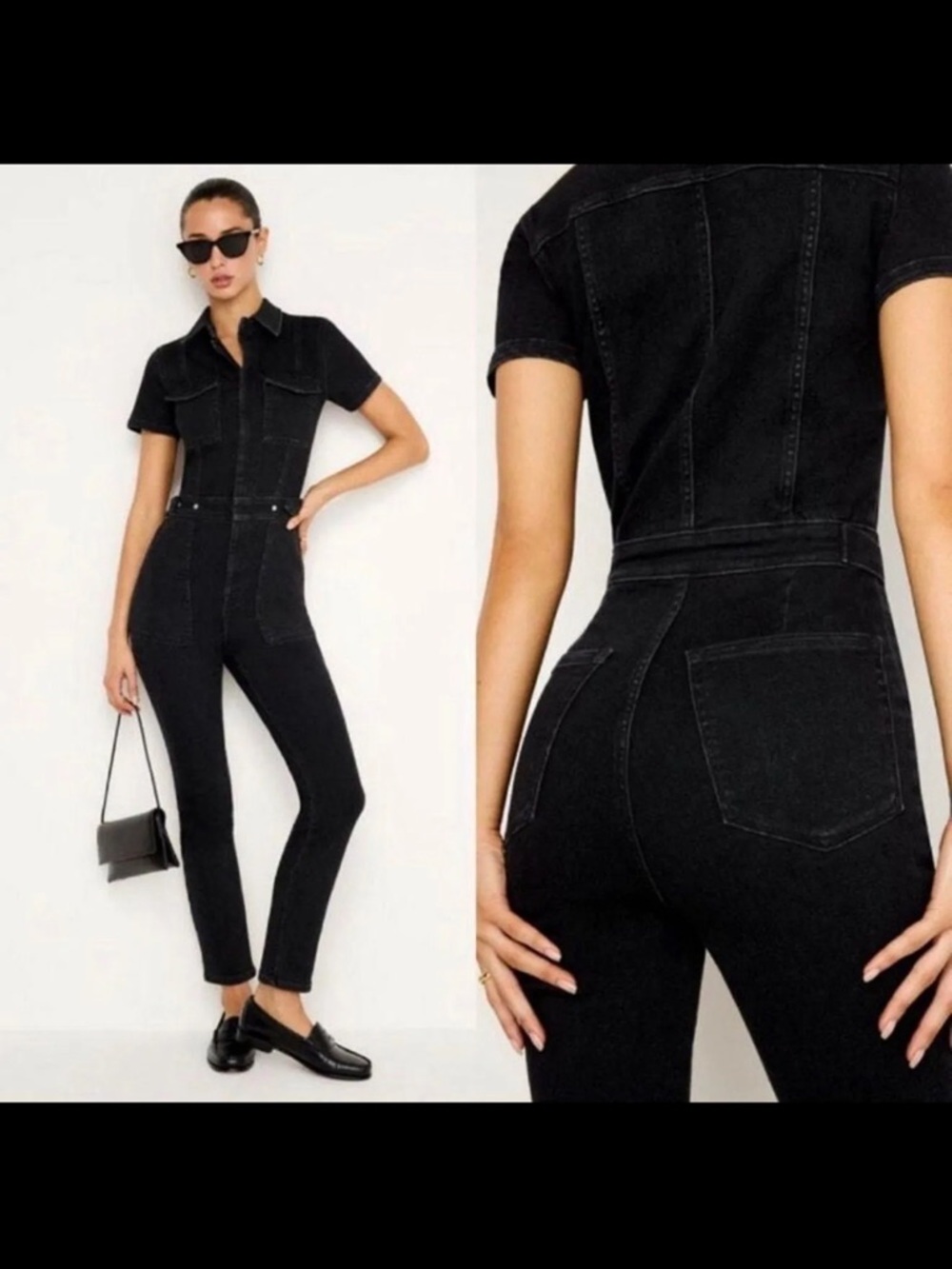 Good American Black Short-Sleeve Straight-Leg Jumpsuit